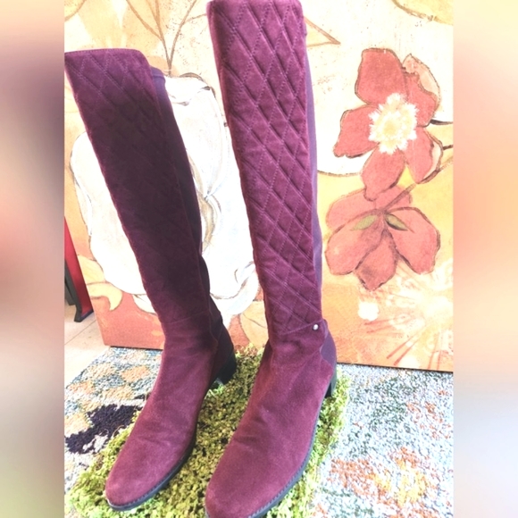 STUART WEITZMAN Merlot Wine Suede Knee High 2" Heel Slip On Elastic Back Boots 9 - Picture 2 of 15